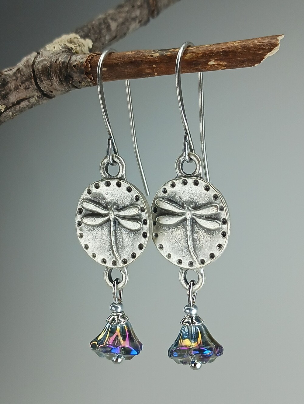 HAND CRAFTED Dragonfly Flower Earrings Blue Purple Glass Dangle Fairycore